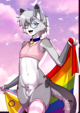 animal_genitalia anthro balls bell bell_collar blue_collar blue_eyes bottomless bottomless_anthro bottomless_male claws clothed clothing cloud collar crop_top dipstick_ears dipstick_tail ear_markings eyewear femboy fur genitals glasses gold_bell grey_body hair lgbt_pride looking_at_viewer male markings midriff multicolored_ears navel one_eye_closed outdoor_nudity peeking_penis penile_spines penis pink_nose pride pride_color_flag pride_colors progress_pride_colors progress_pride_flag round_glasses sheath shirt six-stripe_rainbow_pride_colors sky smile spots spotted_markings tail tail_markings topwear wink winking_at_viewer mishabahl lgbt_pride_month nixuelle domestic_cat egyptian_mau felid feline felis mammal 2026 absurd_res digital_drawing_(artwork) digital_media_(artwork) hi_res
