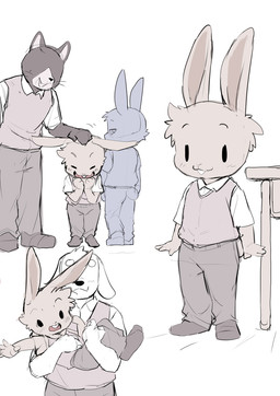 anthro biped clothed clothing floppy_ears group male school_uniform tail trio uniform young young_anthro young_male manmosu_marimo canid canine canis domestic_dog lagomorph leporid mammal rabbit multiple_images