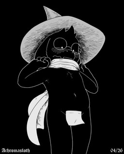 anthro armpit_hair belly black_body black_fur blush body_hair clothing convenient_censorship embarrassed eyewear fur glasses hat headgear headwear male post-it_note shadow solo achromasloth deltarune undertale_(series) ralsei bovid caprine darkner goat mammal hi_res monochrome