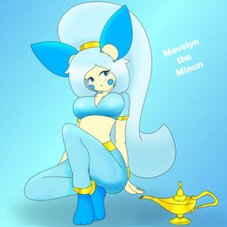 anthro big_breasts breasts clothing crop_top female hair harem_pants lamp long_hair mevelyn_(thecrusadezero) ponytail shirt sitting solo topwear romanostrov nintendo pokemon generation_3_pokemon genie hybrid minun pokemon_(species) 1:1 hi_res