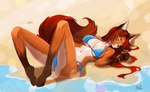 anthro beach breasts camel_toe clothing ear_piercing ear_ring female jewelry navel navel_piercing nipple_outline piercing ring_piercing sea solo summer sun sunny swimwear tail water yolu canid canine fox mammal hi_res