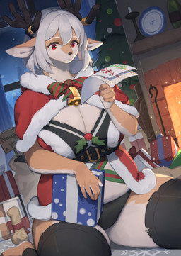 5_fingers anthro antlers breasts christmas_clothing christmas_tree cleavage clothed clothed_anthro clothed_female clothing female female_anthro fingers gift hair holding_object holidays horn legwear looking_at_viewer plant red_eyes solo thick_thighs tree white_hair lcshian christmas deer mammal new_world_deer reindeer 2025 hi_res