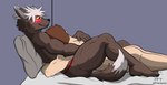 anthro bed blush cuddling duo fluffy fluffy_tail fur furniture grey_body grey_fur hair hug human_on_anthro interspecies laying_on_top lying male male/male muscular muscular_male on_back red_eyes tail thick_thighs white_hair yellow_sclera fftempest lifewonders tokyo_afterschool_summoners jock_protagonist_(tas) protagonist_(tas) tadatomo_(tas) canid canine canis domestic_dog human mammal hi_res