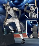 5_fingers abs anthro athletic athletic_anthro athletic_male athletic_pants bandage bandaged_arm black_claws black_nose bleachers blue_eyes bottle claws cleats close-up clothed clothing cloud collar container cutaway dipstick_tail drinking_water ears_back eyes_closed fingers fluffy fluffy_tail foot_on_bench football_field football_pants footwear full_moon fur grey_body grey_fur half-closed_eyes hand_on_arm hand_on_hip head_back holding_water_bottle imminent_transformation light logo looking_at_moon male markings moon moonlight multicolored_body multicolored_fur narrowed_eyes navel night open_mouth outside pecs piano_collar pivoted_ears plantigrade running_track shoes sky socks solo tail tail_markings teeth tight_clothing tongue topless two_tone_body two_tone_fur water_bottle fasttrack37d mythology canid canine mammal mythological_canine mythological_creature werecanid werecanine werecreature werewolf 2023 artist_logo comic hi_res multiple_scenes shaded soft_shading