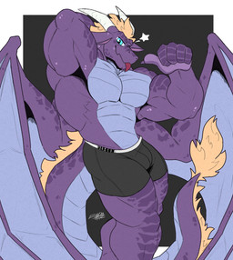 anthro blonde_mane flexing horn looking_at_viewer male mane muscular muscular_anthro muscular_male one_eye_closed purple_body purple_scales scales solo tail wings wink endheriel mythology laggron_(dragon) dragon mythological_creature mythological_scalie scalie absurd_res hi_res