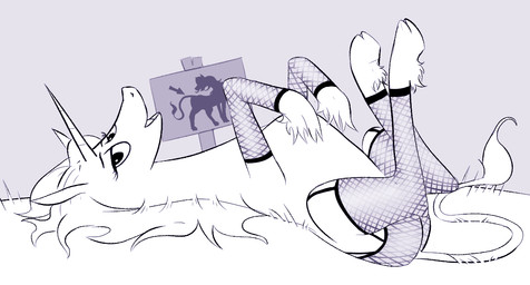 bedroom_eyes butt clothed clothed_feral clothing female feral fishnet_clothing fishnet_legwear hooves horn legwear lingerie lingerie_on_feral lying mane narrowed_eyes on_back seductive sign simple_background solo stockings tail unicorn_horn unknown_artist mythology phoebe_and_her_unicorn marigold_(heavenly_nostrils) classical_unicorn equid equine mammal mythological_creature mythological_equine unicorn