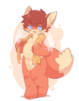 anthro balls barefoot blue_eyes brown_hair casual_nudity ear_piercing feet flaccid fluffy fluffy_tail foreskin fur genitals hair looking_at_viewer male nipples nude orange_body orange_fur penis piercing simple_background slightly_chubby small_penis solo standing steam tail towel wet white_body white_fur young young_anthro young_male lang_yus miles_(mileskemofox) canid canine fox mammal colored hi_res