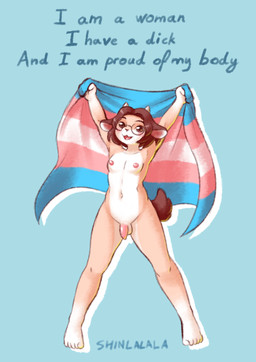 anthro balls blue_background brown_hair eyewear flaccid flag foreskin fur genitals glasses gynomorph hair humanoid_genitalia humanoid_penis intersex lgbt_pride navel nipples nude open_mouth open_smile penis pink_penis pride_colors simple_background smile solo tail tan_body tan_fur text transgender_pride_colors unretracted_foreskin shinlalala bovid caprine goat mammal 2026 absurd_res english_text hi_res trans_(lore) trans_woman_(lore)