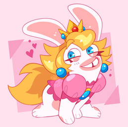 3_fingers 3_toes anthro blonde_eyebrows blonde_hair blue_ear_piercing blue_eyes blue_pupils blush blush_lines bottomless bottomless_anthro bottomless_female clothed clothed_anthro clothed_female clothing crown ear_piercing eyebrows eyelashes feet female female_anthro fingers flat_chested fur gem hair happy headgear heart_symbol lidded_eyes light logo long_ears long_hair open_mouth open_smile piercing pink_background pink_clothing pink_shirt pink_topwear pupils rectangle red_eyelashes ruby_(gem) sapphire_(gem) shirt simple_background sitting smile solo tan_body tan_eyelids tan_inner_ear tan_skin teeth toes tooth_gap topwear white_body white_fur popfizzles mario_bros mario_plus_rabbids_kingdom_battle nintendo raving_rabbids rayman_(series) ubisoft rabbid_peach lagomorph mammal rabbid 2023 artist_logo colored crossover digital_drawing_(artwork) digital_media_(artwork) english_description hi_res lighting shaded