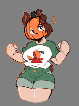 animal_ears bottomwear breasts brown_ears brown_hair brown_tail button_(fastener) clothed clothed_female clothed_humanoid clothing emanata female female_humanoid fingers fist food for_a_head front_view fruit green_bottomwear green_clothing green_shorts grey_background hair light_body light_skin notched_ear orange_eyes plant pumpkin pumpkin_head pumpkin_mask raglan_shirt shirt shorts simple_background solo tail tan_body tan_skin thick_thighs topwear white_sclera derpyfox_36 soda_(derpyfox_36) animal_humanoid bear humanoid mammal mammal_humanoid object_head ursid_humanoid 2023 3:4 portrait three-quarter_portrait