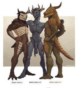 3_eyes 4_toes 5_fingers anthro backsack balls barely_visible_balls barely_visible_genitalia black_hair brown_balls brown_body brown_fur butt claws feet fingers flaccid foreskin fur genitals grey_body grey_skin group hair hand_on_shoulders horn humanoid_genitalia humanoid_penis logo long_foreskin looking_at_viewer male multi_eye nude penis plantigrade saggy_balls sharp_teeth short_tail simple_background tail tan_body tan_skin teeth text toes trio unretracted_foreskin banana_da_boi dark_souls fromsoftware mythology dragon dragonoid_(dark_souls) mythological_creature mythological_scalie scalie 2026 absurd_res english_text hi_res