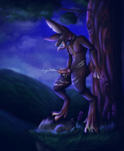 animal_genitalia anthro brown_body brown_fur claws ejaculation erection eyes_closed fur genitals knot knotted_penis long_tongue male masturbation penis scar sheath solo standing tongue habromania dungeons_and_dragons hasbro wizards_of_the_coast hare harengon lagomorph leporid mammal rabbit hi_res