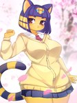 5_fingers anthro bangs blue_hair blush bottomwear breasts brown_eyes clothing eyelashes female fingers hair half-closed_eyes humanoid_hands multicolored_hair multicolored_tail narrowed_eyes petals school_uniform short_hair skirt solo standing tail two_tone_hair two_tone_tail uniform yellow_body yellow_inner_ear yellow_skin vtalna1 animal_crossing nintendo ankha_(animal_crossing) domestic_cat felid feline felis mammal absurd_res digital_media_(artwork) hi_res