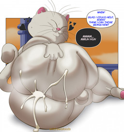 anthro backsack balls big_butt biped bodily_fluids butt cum cum_in_ass cum_inside dialogue eyes_closed genital_fluids genitals huge_butt looking_at_viewer looking_back lying male nude on_side solo speech_bubble spread_butt spreading tail text thick_thighs whiskers white_body witdrawsloods korin_(dragon_ball) domestic_cat felid feline felis mammal hi_res