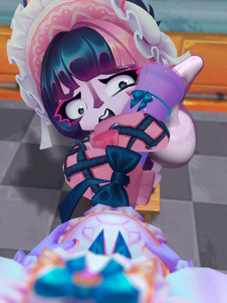 animal_genitalia animal_penis anthro armjob arms_around_penis big_penis black_hair blue_eyes bodily_fluids bow_ribbon checkered checkered_floor clothed clothing clothing_lift condom cum disgust disgusted_face dress dress_lift duo ears_down ejaculation equine_genitalia equine_penis erection eyelashes female filled_condom first_person_view fur genital_fluids genitals gynomorph gynomorph/female gynomorph_pov hair handjob high-angle_view huge_penis humanoid_on_anthro intersex intersex/female intersex_pov interspecies larger_gynomorph larger_intersex long_sleeves looking_at_genitalia looking_at_penis maid_headdress maid_uniform multicolored_hair open_mouth penile penis penis_on_face pink_body pink_fur pink_hair pivoted_ears purple_body purple_skin sex sexual_barrier_device size_difference smaller_anthro smaller_female uniform upper_teeth extrudedsquared league_of_legends riot_games tencent soraka vex_(lol) celestial_being humanoid mammal yordle 2026 3:4 3d_(artwork) blender_(artwork) digital_media_(artwork) hi_res