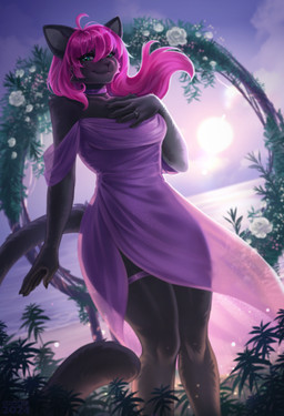 black_body black_fur black_nose breasts claws clothed clothing cloud detailed_background digit_ring dress eyelashes female flower fur green_eyes hair jewelry looking_at_viewer outside plant purple_hair ring rose_(flower) sea seaside sky skyscape smile solo sun sunset tail water wedding_ring cocicka conditional_dnp canid canine domestic_cat felid feline felis mammal digital_media_(artwork) hi_res shaded