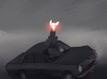 ambiguous_gender arm_tuft black_body black_fur blood bodily_fluids broken_glass car cheek_tuft elbow_tuft facial_tuft feral fluffy fluffy_tail fur glass glowing glowing_eyes long_legs mostly_nude multicolored_body multicolored_fur neck_tuft on_car red_eyes scarf scarf_only sitting sitting_on_car skinny slim solo symbol-shaped_eyes tail tuft two_tone_body two_tone_fur vehicle white_body white_fur white_head x_eye =djoyk= sleepi canid canine deer domestic_cat felid feline felis fox hybrid mammal dark_theme digital_drawing_(artwork) digital_media_(artwork) hi_res