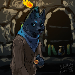 anthro black_body black_fur blue_eyes bookshelf brown_clothing brown_jacket brown_topwear candle_on_head candlelight clothing coin dungeon eyebrows fur furniture glass holding_money holding_object jacket light male money scarf shopkeeper solo topwear starlithe domestic_cat felid feline felis mammal 1:1