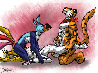 anal anal_orgasm anal_penetration anthro beak bodily_fluids clothing countershading cum cum_drip cum_in_mouth cum_inside cum_on_self cum_while_penetrated double_penetration dripping ejaculation erection fellatio genital_fluids genitals group group_sex hands-free humanoid_genitalia humanoid_penis interspecies kerchief kneeling male male/male male_penetrated male_penetrating male_penetrating_male mascot muscular nipples nude oral oral_penetration orgasm penetration penile penis sex side_view spitroast tail threesome trio iudicium86 froot_loops frosted_flakes general_mills kellogg's trix tony_the_tiger toucan_sam trix_rabbit avian bird felid lagomorph leporid mammal pantherine piciform rabbit tiger toucan 4:3