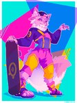 ambiguous_gender anthro clothed clothing fluffy fluffy_tail graffiti hat headgear headwear neck_tuft overalls paws pink_body skateboard smile solo tail teeth tuft vehicle furryviza amaverse vtuber patoune domestic_cat felid feline felis mammal absurd_res hi_res