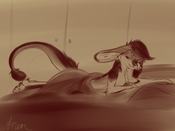 anthro bed bed_covers bedding breasts female furniture hair inside nude pillow solo tail anentheotter astra_(anentheotter) hybrid mammal marsupial mustelid ottaroo 4:3 hi_res monochrome signature sketch