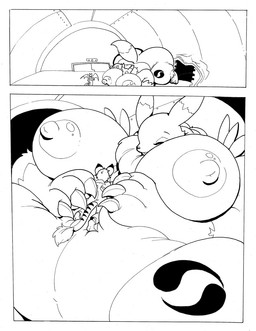 anthro belly big_belly big_breasts big_butt big_nipples breast_expansion breasts butt butt_expansion claws clothing coat duo erect_nipples expansion female fur growth hair hangar hug huge_belly huge_breasts huge_butt huge_thighs hyper hyper_belly hyper_breasts hyper_butt inflation lab_coat laboratory macro male membrane_(anatomy) membranous_wings nipples paws science simple_background size_difference thick_thighs topwear wide_hips wings rabid bandai_namco digimon demont canid canine digimon_(species) felid mammal renamon comic monochrome