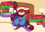 anthro bed bedframe bedroom bottomwear bulge butt clothing confusion dialogue footwear furniture furniture_lamp gloves handwear hotel lamp male muscular muscular_anthro muscular_male presenting presenting_hindquarters purple_eyes question_mark red_body shirt shoes shorts solo speech_bubble tail topwear vesper_thee_bat sega sonic_the_hedgehog_(series) knuckles_the_echidna unnamed_character echidna mammal monotreme 2024 absurd_res hi_res