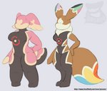 2019 anthro audino big_tail breasts colored curvy_figure digitigrade duo eevee faceless female flat_colors generation_1_pokemon generation_5_pokemon hand_on_butt latex libredrone living_latex long_ears mitten_hands model_sheet nintendo null_face pokemon pokemon_(species) posexe skin_tight_suit slightly_chubby tail text url voluptuous