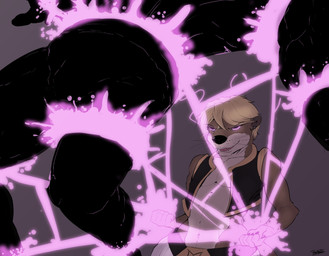 anthro blonde_hair brown_body brown_fur clothed clothed_male clothing duo evil_grin fur glowing glowing_eyes hair killing male pink_eyes pink_glow silhouette simple_background smile superpowers whiskers pandottermon parker_(pandottermon) ambiguous_species mammal mustelid otter 2026 colored dated hi_res signature