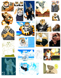 anthro beach belly big_belly blush bottomwear brown_body brown_fur bulge clothing detailed_background drunk eyes_closed eyewear festival fur gift glasses grey_body humanoid_hands kemono male musclegut muscular necktie night one_eye_closed orange_body orange_fur outside overweight overweight_male pants scar seaside shirt shorts sitting solo substance_intoxication text topwear underwear water wink koto_(pixiv_2766446) aquatic bear felid fish mammal pantherine shark tiger 2013 hi_res japanese_text multiple_images unavailable_at_source