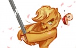 apple female food freckles fruit green_eyes katana melee_weapon plant samurai slicing solo sword warrior weapon maaronn friendship_is_magic hasbro my_little_pony applejack_(mlp) earth_pony equid equine horse mammal pony