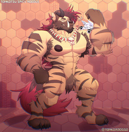 abs anthro armpit_hair aroused beard big_muscles big_nipples big_pecs body_hair claws duo facial_hair fangs flexing horn jewelry looking_pleasured male male/male motion_lines muscular muscular_male necklace nipples pawpads pecs pubes size_difference stripes tail teeth worried tonkotsu_spicy_noodle graffyeen ych_(character) hyena mammal hi_res