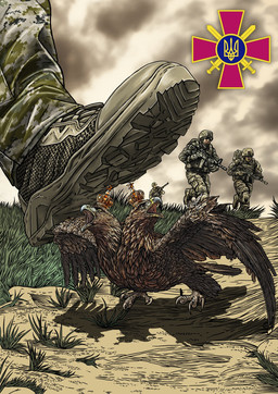 2_heads ambiguous_gender assault_rifle beak boots brown_body brown_feathers camo claws clothing combat_boots crown crown_only detailed_background feathers feet feral foot_focus footwear grass group gun headgear headgear_only holding_gun holding_object holding_ranged_weapon holding_weapon imminent_death impending_doom macro macro_human male melee_weapon military military_clothing military_pants military_uniform multi_head open_beak open_mouth outside plant politics propaganda ranged_weapon rifle running russia russian russian_federation sand shoe_focus shoes size_difference soldier sword tryzub ukraine ukrainian uniform war warrior weapon andriy_yermolenko russo-ukrainian_war accipitrid accipitriform avian bird eagle human mammal 2025 digital_media_(artwork) hi_res