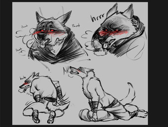 anthro aroused bare_chest blush bodily_fluids breath breathing_noises bulge clothed clothing detailed_bulge drooling dry_humping erection erection_under_clothing genital_outline humping male open_mouth panting penis_outline saliva sharp_teeth shirtless solo steam teeth smollco dreamworks puss_in_boots_(franchise) death_(puss_in_boots) canid canine canis mammal wolf