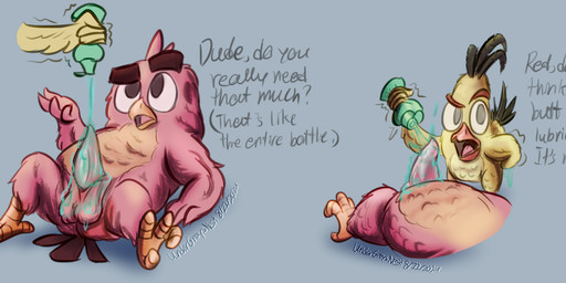 anthro balls beak black_body black_feathers blue_background butt dialogue duo erection feather_hands feather_tuft feathered_wings feathers feet fluffy_balls genitals head_feathers head_tuft lube lube_bottle lube_in_ass lube_string lying male male/male on_back orange_beak penis preparing red_body red_feathers simple_background standing tail tail_feathers talons tapering_penis text toes toony toony_eyes tuft wings yellow_body yellow_feathers undergreysnest angry_birds rovio_entertainment sega the_angry_birds_movie chuck_(angry_birds) red_(angry_birds) avian bird colored dated english_text hi_res sequence shaded signature