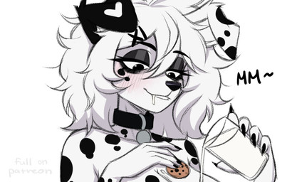 anthro bodily_fluids breasts collar cookie female food milk nude saliva solo lapalilpup canid canine canis dalmatian domestic_dog mammal