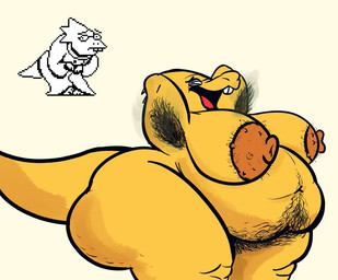anthro armpit_hair big_pubes body_hair female hairy hairy_nipples nerd nipple_hair obese obese_female overweight overweight_female pimple pubes raised_arms solo raknytro deltarune undertale_(series) alphys lizard reptile scalie