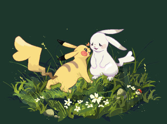 blush blush_lines duo eyelashes female female/female feral flower grass heart_symbol open_mouth paws plant pokeball simple_background tail tongue white_body yellow_body bunkins nintendo pokemon pokemon_pokopia peakychu generation_1_pokemon mammal pikachu pokemon_(species) rodent 2025 absurd_res digital_media_(artwork) hi_res pixel_(artwork)