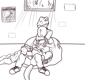 ?_face ambiguous_gender bean_bag clothed clothing group hug inside lying poster pupils slit_pupils punch_(artist) goosebumps anon creep_(goosebumps) human lizard mammal reptile scalie black_and_white monochrome