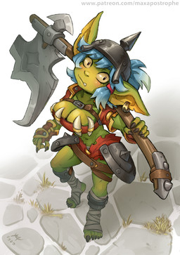 armor axe blue_hair breasts cleavage clothed clothing feet female foot_wraps greataxe green_body green_skin hair headgear helmet humanoid_pointy_ears melee_weapon not_furry pointy_ears solo weapon wraps maxa' goblin humanoid 2020