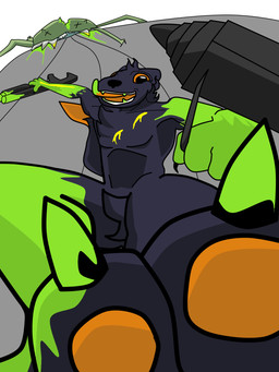 ambiguous_gender anthro black_body black_fur blood bodily_fluids colored_blood corpse cracked_fangs dipstick_tail drill duo fangs feral fur green_blood green_body gun happy holding_object male male/ambiguous markings nthro paws ranged_weapon shotgun sliding tail tail_markings teeth tongue tongue_out torn_leg unusual_blood unusual_bodily_fluids weapon yellow_blood toiletdestroyer casualties:_unknown alien canid canine elder_thornback_(casualities:_unknown) expie_(gunsawian) gunsawian mammal hi_res