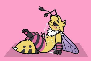 animal_genitalia antennae_(anatomy) anthro arthropod_abdomen back_wings black_sclera blush blush_lines bodily_fluids butt claws crossed_legs cum cum_on_belly cum_on_body cum_on_ground cum_on_penis cum_on_self cumshot ejaculation erection feet fluffy fluffy_tail fur genital_fluids genitals looking_pleasured male masturbation nude on_ground open_mouth orgasm_face pawpads paws penile penile_masturbation penis pink_body pink_eyes pink_fur simple_background sitting sitting_on_tail smile solo stinger stinger_tail stroking_penis tail tapering_penis tuft wings yellow_body yellow_fur bizart arthropod bee hymenopteran insect 2026 aliasing digital_media_(artwork) nonbinary_(lore)