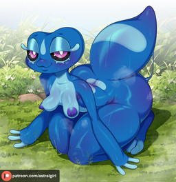 anthro areola big_butt blue_body blue_scales breasts butt female grass huge_butt huge_thighs kneeling looking_at_viewer nipples non-mammal_breasts on_grass on_ground plant purple_eyes scales smile solo tail text thick_tail thick_thighs astral_girl nintendo pokemon pokemon_winds_and_waves gecqua generation_10_pokemon pokemon_(species) reptile scalie 2026 hi_res url