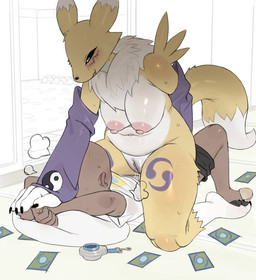 anthro areola biped bodily_fluids breasts clothed clothing duo female fur genital_fluids genitals lying male male/female multicolored_body nipples on_back sweat topwear vaginal_fluids vulva yellow_body jingzhou14848 bandai_namco digimon digimon_(species) renamon