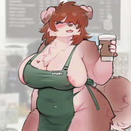 anthro apron apron_only areola areola_slip barista belly big_breasts breasts brown_hair chest_tuft cleavage clothed clothing coffee_cup container cup eyes_closed female floppy_ears fur hair huge_breasts overweight overweight_anthro overweight_female skimpy solo tan_body tan_fur thick_thighs tuft voluptuous_anthro voluptuous_female anutka sophie_(anutka) canid canine canis domestic_dog mammal 1:1 hi_res