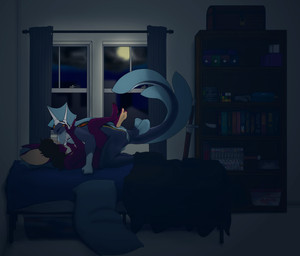 anthro bed bedroom bookshelf duo french_kissing frill_(anatomy) from_front_position furniture hand_holding holding_face horn kissing legs_around_partner legs_around_waist lying male male/male missionary_position moon on_back on_bed romantic sex nunyahbis aquatic bat fish mammal shark absurd_res hi_res