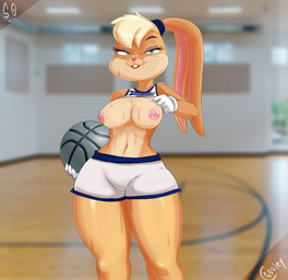 anthro areola ball big_breasts blonde_hair blue_eyes bodily_fluids bottomwear breasts brown_body brown_fur brown_nose buckteeth clothed clothing clothing_lift eyelashes female flashing flashing_breasts floppy_ears front_view fur gloves hair hand_on_hip handwear head_tuft holding_ball holding_object long_ears lop_ears navel nipples pink_areola pink_nipples raised_clothing raised_topwear shirt shirt_lift shorts solo sweat tan_body tan_fur teeth thick_thighs toony topwear tuft white_bottomwear white_clothing white_gloves white_handwear white_shorts white_topwear wide_hips souley69 looney_tunes warner_brothers lola_bunny lagomorph leporid mammal rabbit hi_res