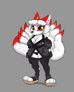 anthro breasts cleavage clothed clothing female footwear fur gloves handwear military multi_tail panties sandals shoes simple_background skimpy soldier solo standing tactical tail underwear warrior white_body white_fur psakorn_tnoi asian_mythology east_asian_mythology mythology canid canine fox fox_spirit mammal absurd_res digital_media_(artwork) full-length_portrait hi_res portrait shaded