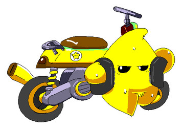 bicycle biker bodily_fluids clothing jacket male solo sweat topwear vehicle yellow_body slem mario_bros mario_kart nintendo super_mario_galaxy luma 2026 aliasing digital_media_(artwork)