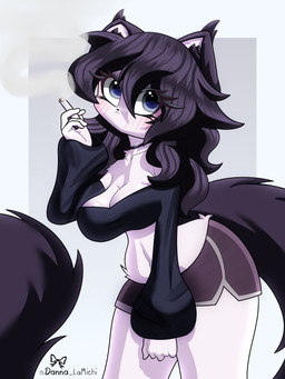 alternative_fashion anthro bangs big_breasts bottomwear breasts cigarette clothing crop_top emo female female_anthro goth long_sleeves mature_anthro mature_female pose shirt shorts smoking smoking_cigarette solo text topwear danna_lamichi mako_(makonekko) domestic_cat felid feline felis mammal 3:4 absurd_res artist_name colored detailed digital_drawing_(artwork) digital_media_(artwork) hi_res shaded signature